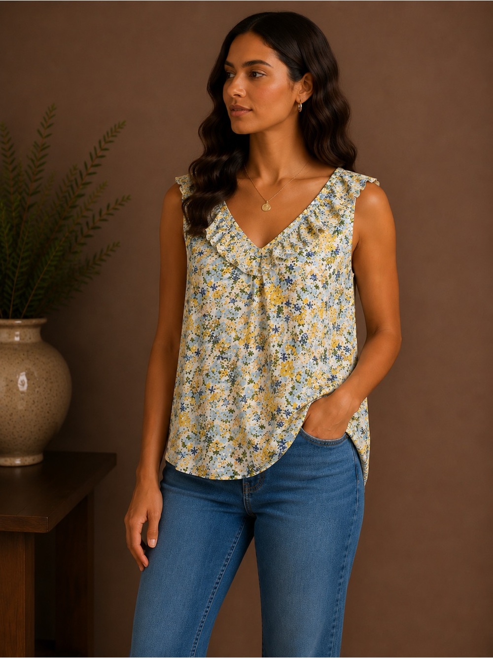 LC Lauren Conrad Floral Tank Top - Yellow and Blue